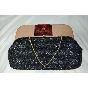 Vintage Black Sequin Clutch With Gold Chain & Mirror Made in British Hong Kong